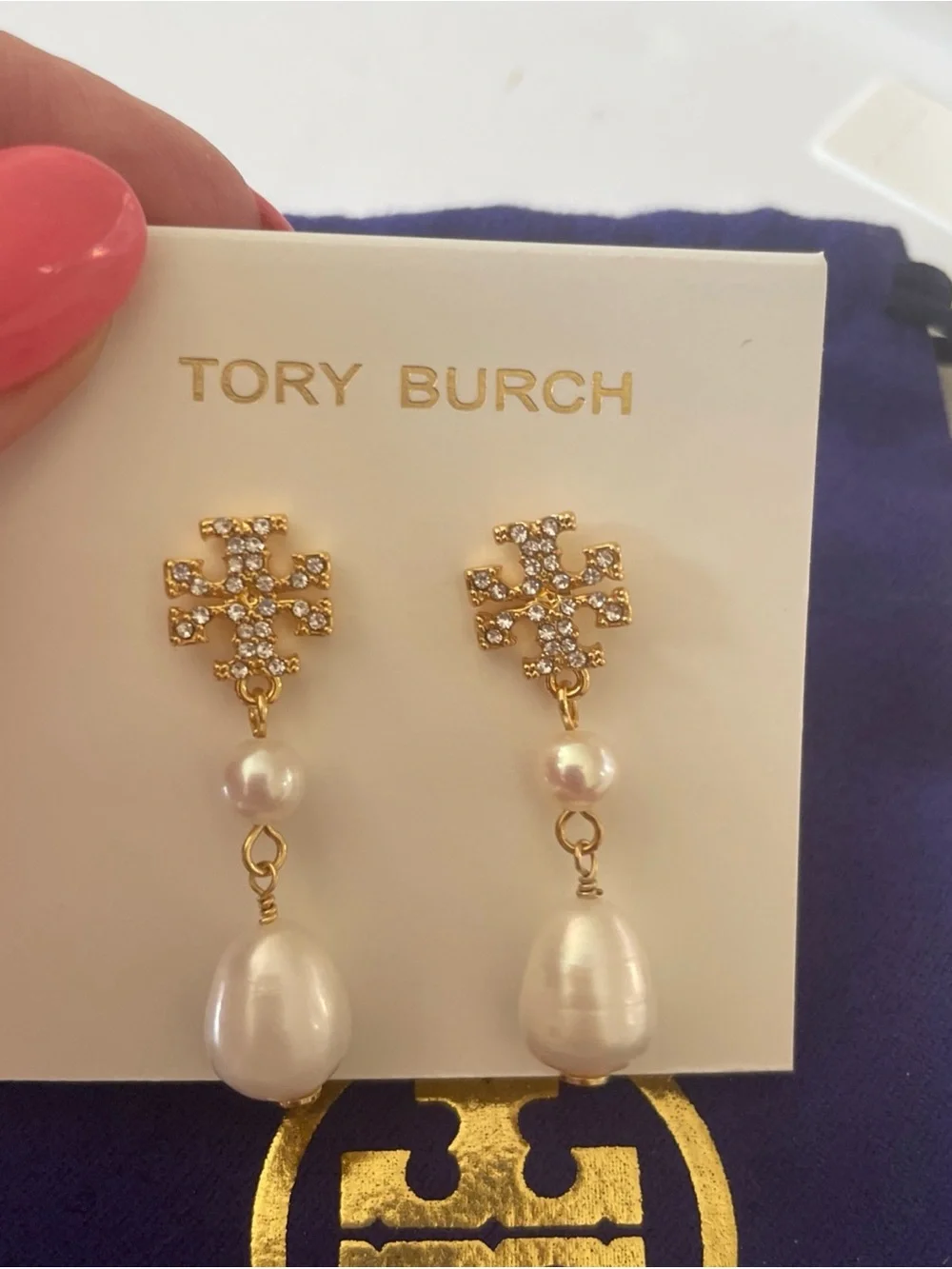 Tory Burch Gold Logo Drop Earrings with White Pearls